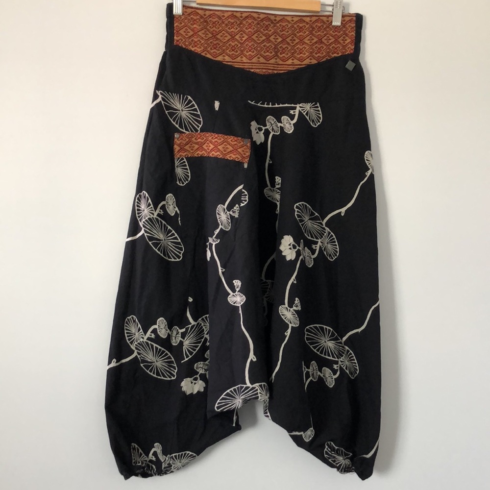 Black Floral Harem Pants with Red Waistband